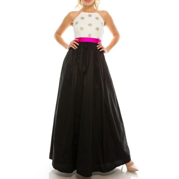 Aidan Mattox Women's Black/White Embordered Banded Waist Halter Dress Sz 0 291 - Picture 2 of 13